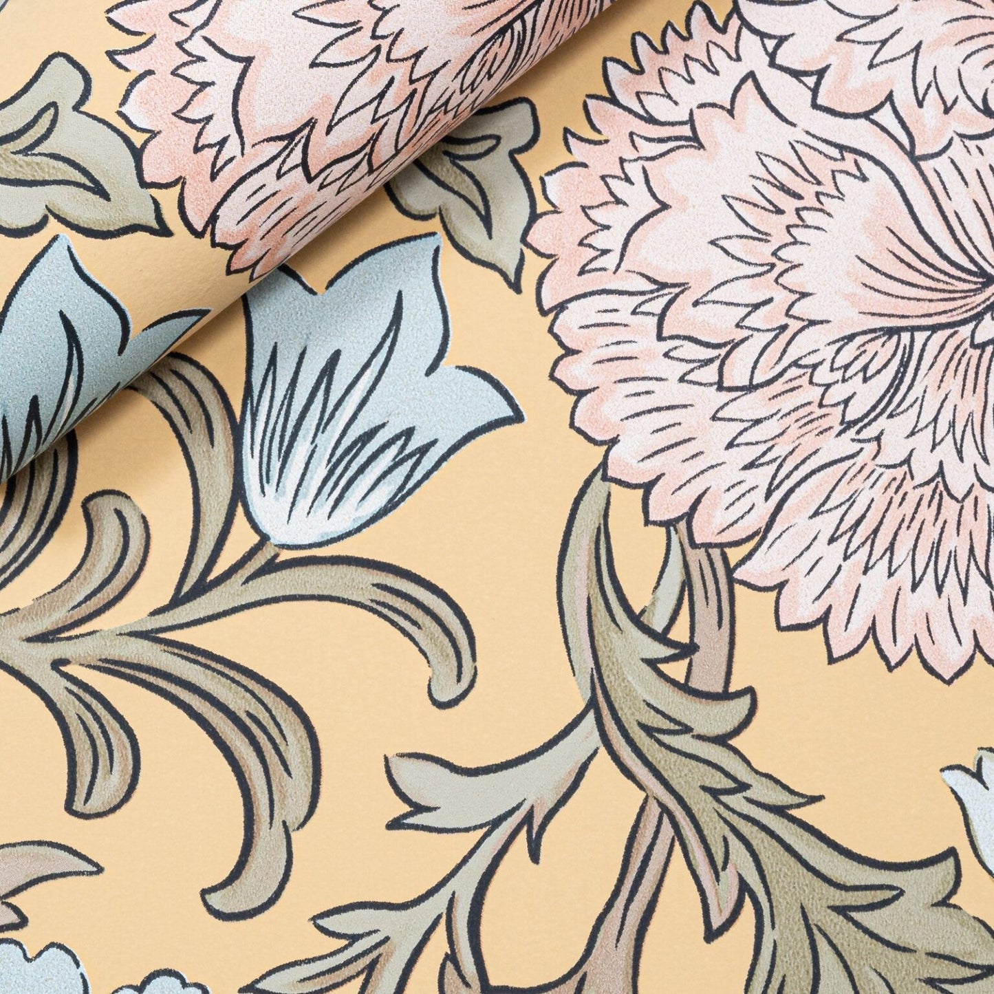 Mustard Floral Wallpaper close up showing large chrysanthemum bloom and scrolling foliage