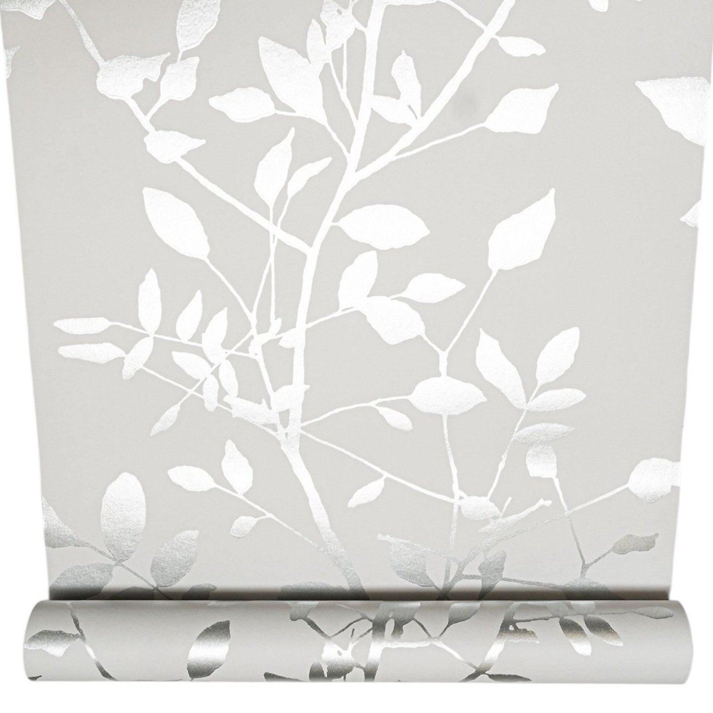 Silver Shadow Floral Wallpaper flat lay showing white leaf and branch pattern on grey background