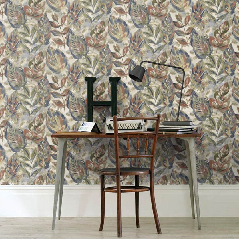 Aralia Leaf Wallpaper in vintage style home office with wooden desk and chair