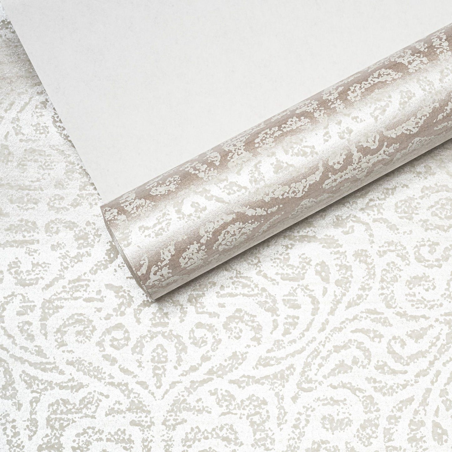 Taupe Metallic Damask Floral Textured Wallpaper roll edge showing metallic sheen and texture