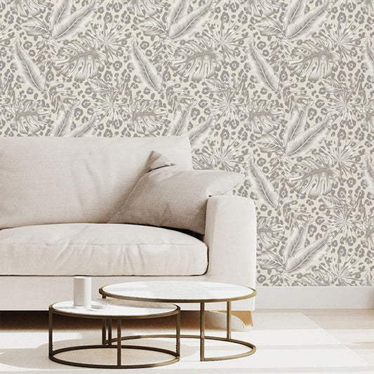 Neutral Beige Grey Tropical Leopard Print Wallpaper creating a stylish feature wall