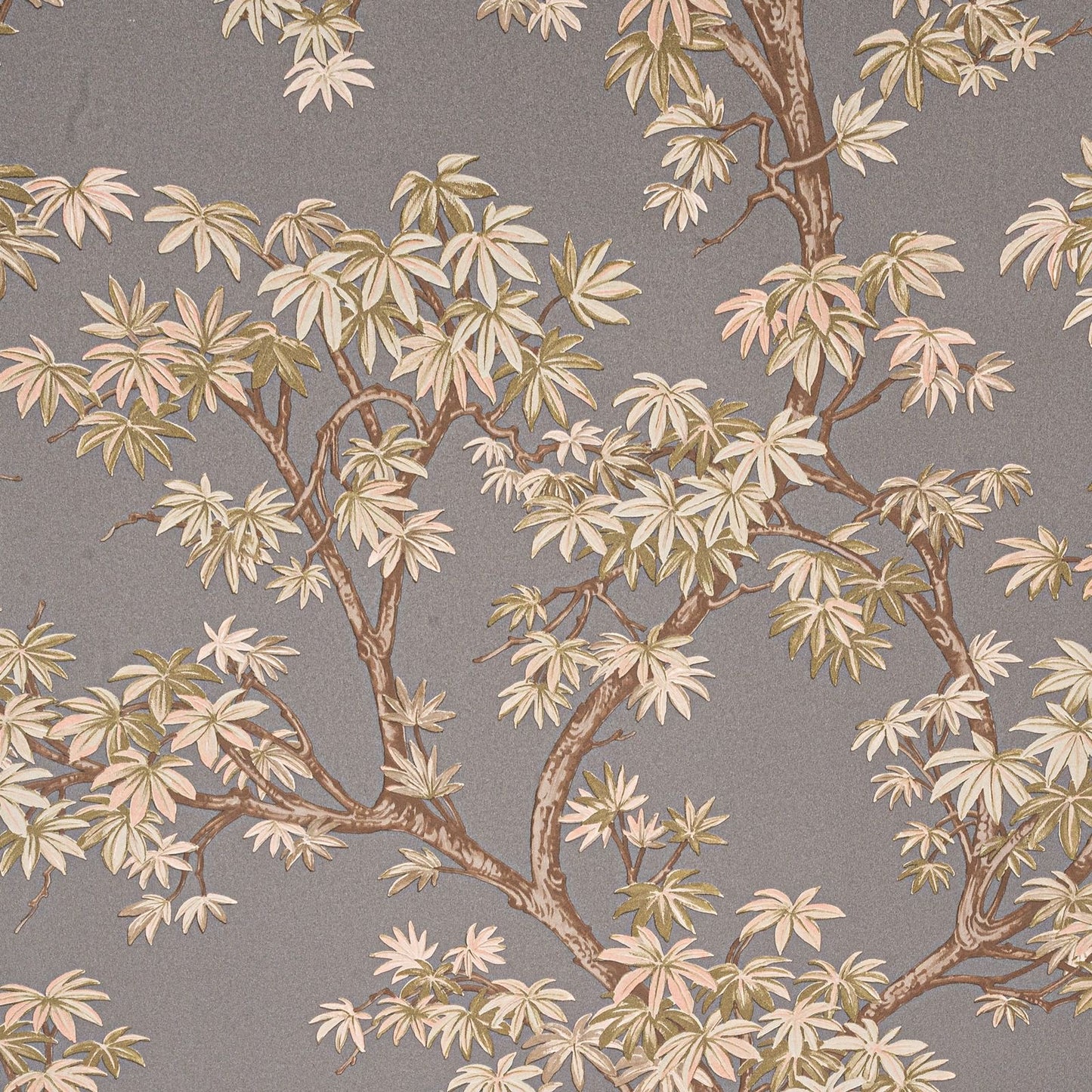 Charcoal Floral Acer Tree Wallpaper close up showing large acer leaf and branch repeat