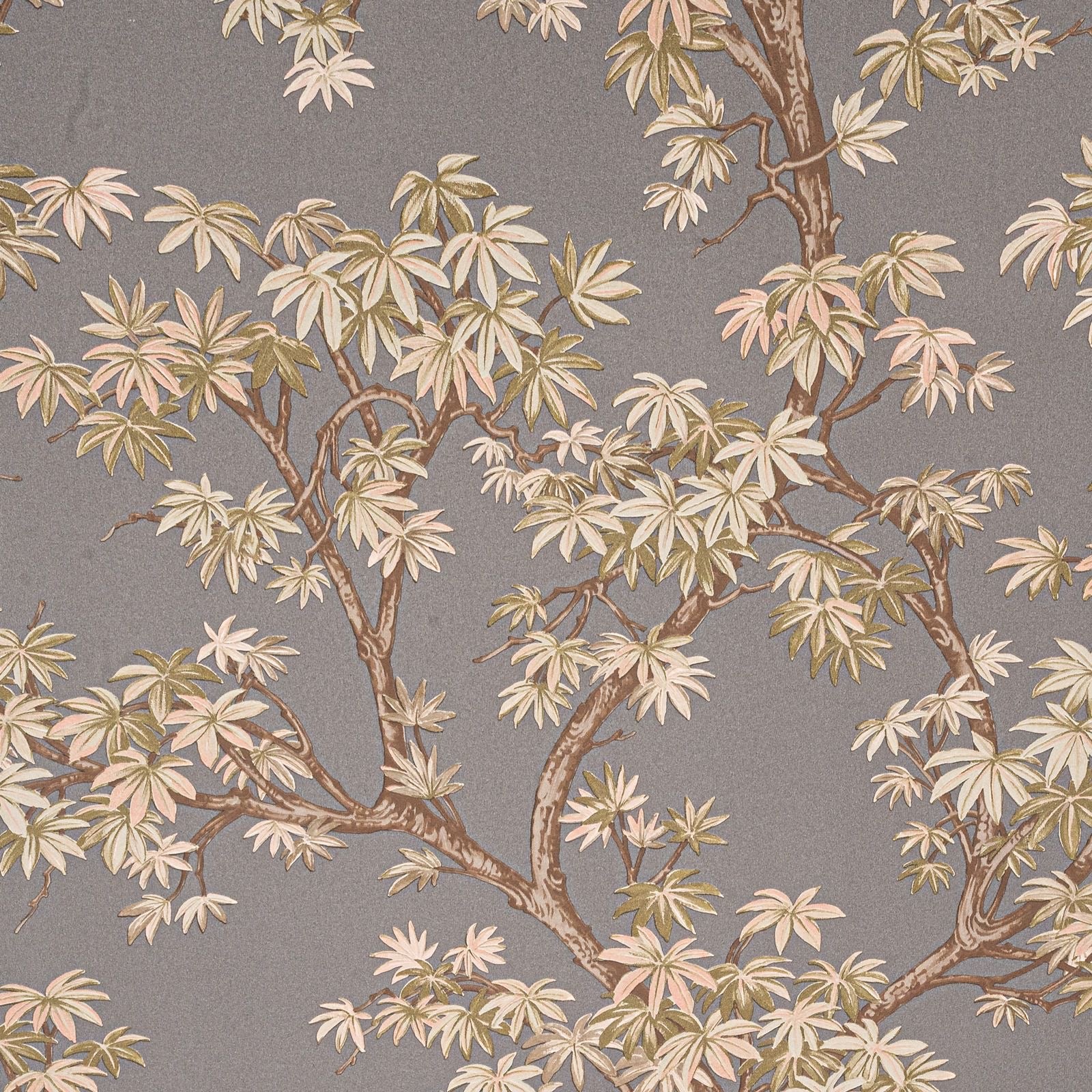 Charcoal Floral Acer Tree Wallpaper close up showing large acer leaf and branch repeat