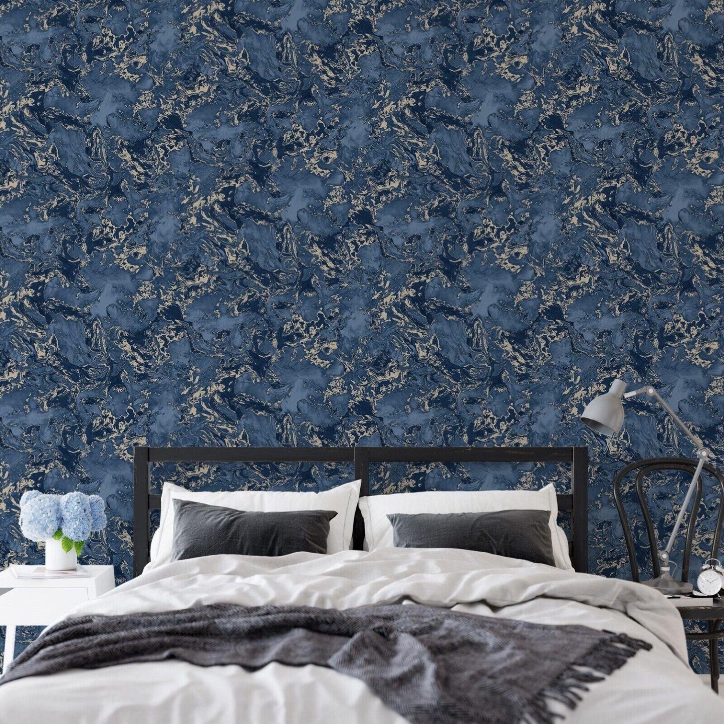 Blue and Gold Ripple Metallic Liquid Marble Wallpaper in contemporary bedroom