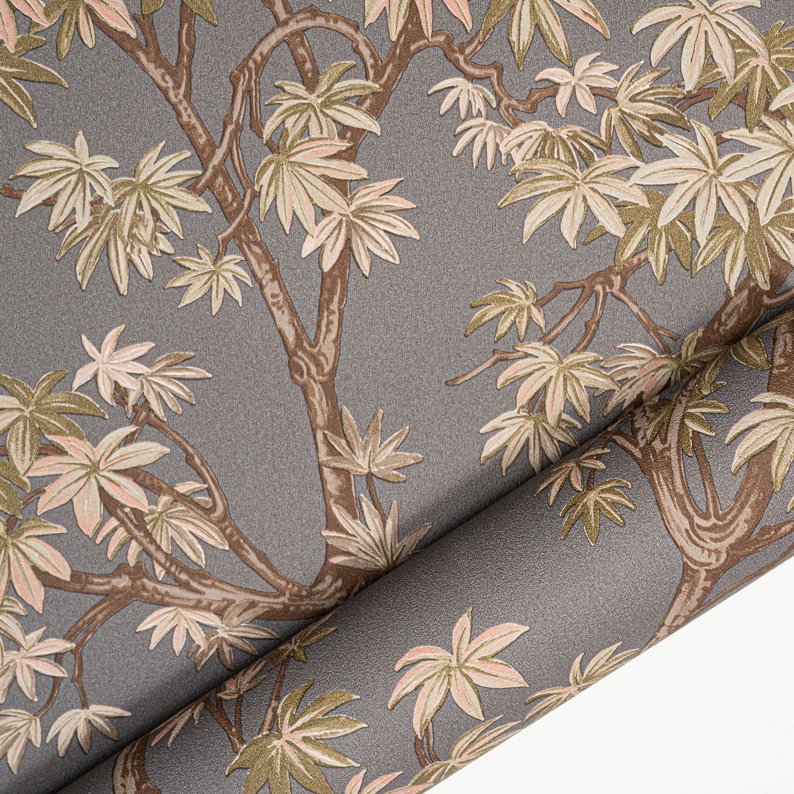 Charcoal Floral Acer Tree Wallpaper roll close up showing branch and leaf pattern detail