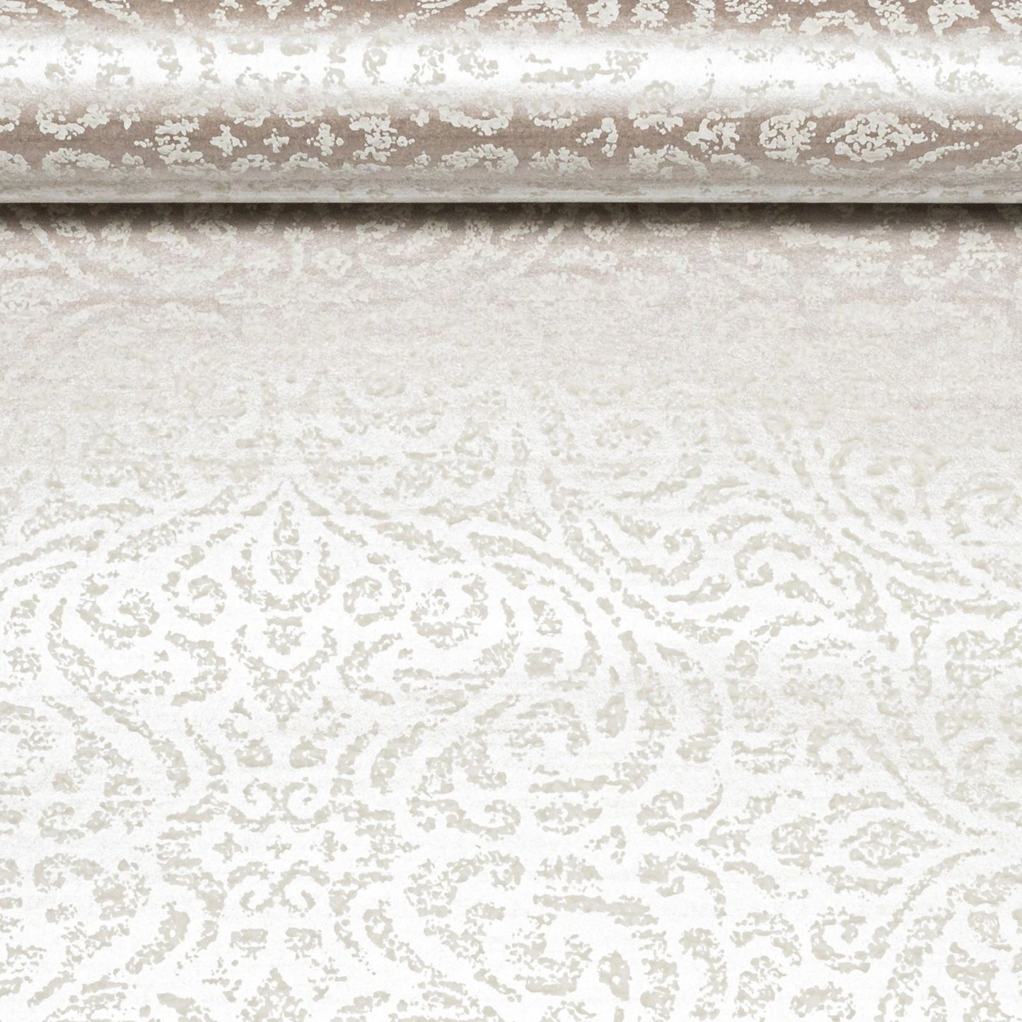 Taupe Metallic Damask Floral Textured Wallpaper roll close up showing floral damask design
