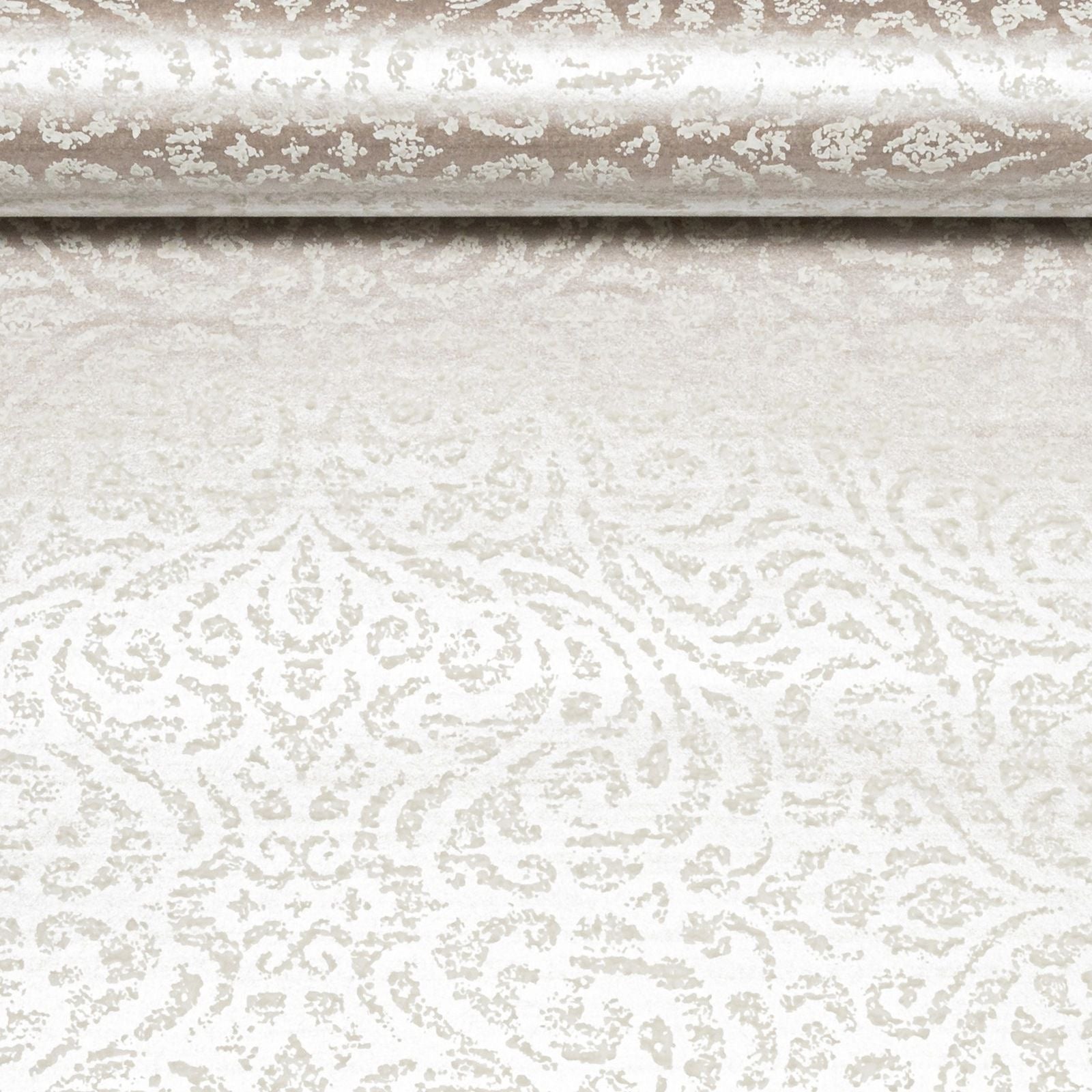 Taupe Metallic Damask Floral Textured Wallpaper roll close up showing floral damask design