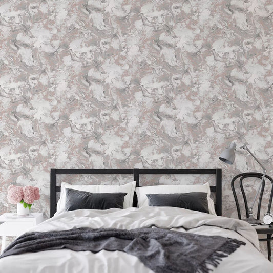 Rose Ripple Metallic Liquid Marble Wallpaper in modern bedroom with grey bedding