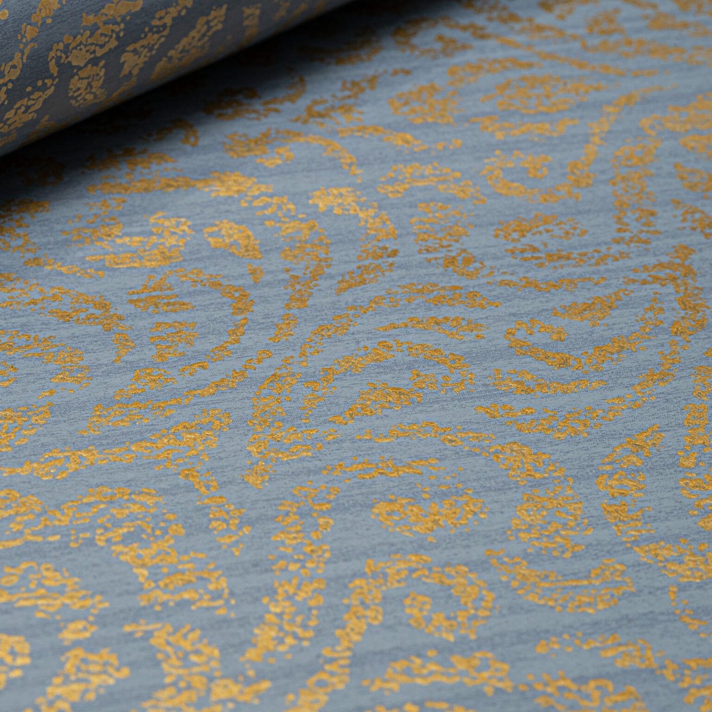 Blue Floral Damask Gold Metallic Shimmer Wallpaper close up showing distressed gold texture