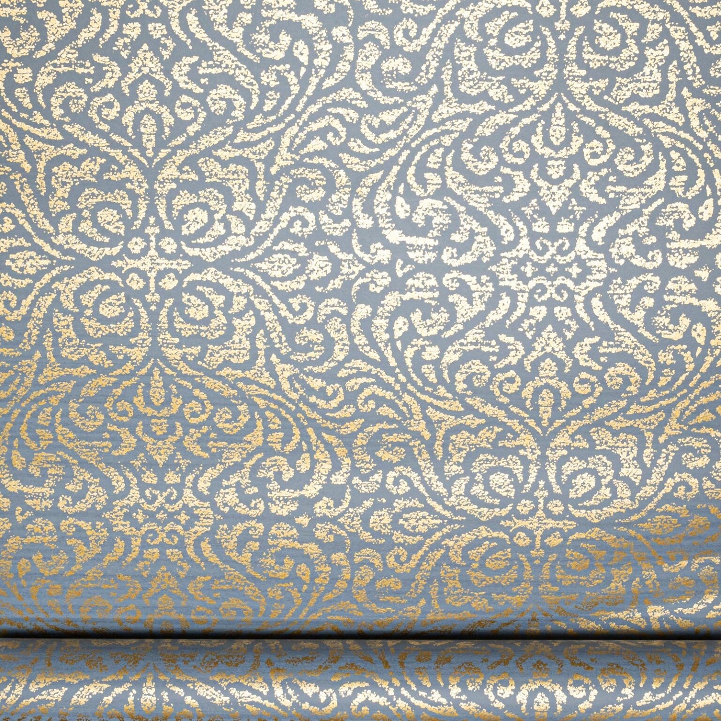 Blue Floral Damask Gold Metallic Shimmer Wallpaper close up showing intricate floral damask design