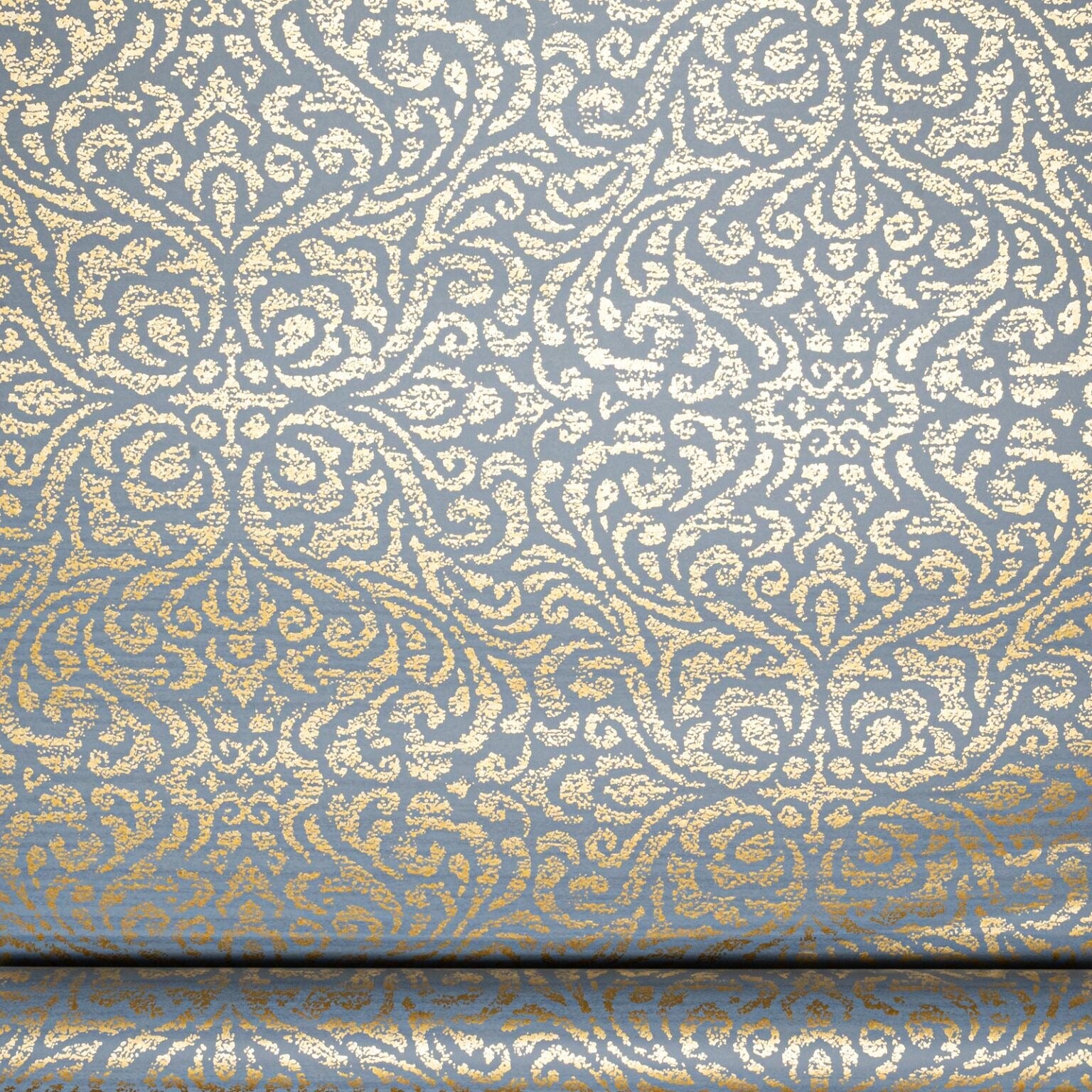 Blue Floral Damask Gold Metallic Shimmer Wallpaper close up showing intricate floral damask design