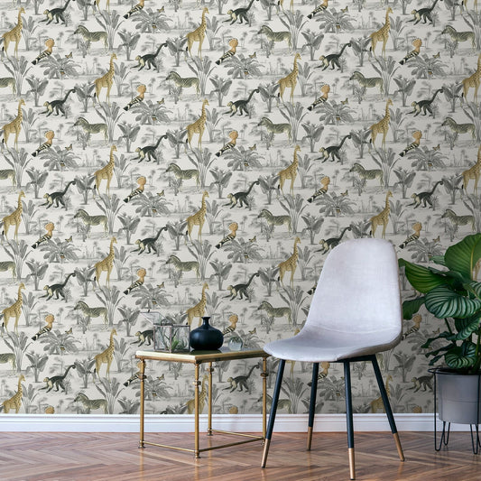 Soft White Animal Safari Wallpaper Slightly Textured Multi Feature Wall