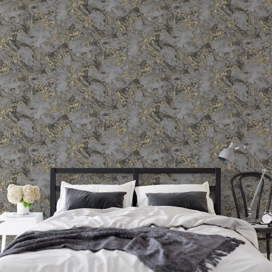Charcoal and Gold Liquid Marble Wallpaper in modern bedroom with grey bedding