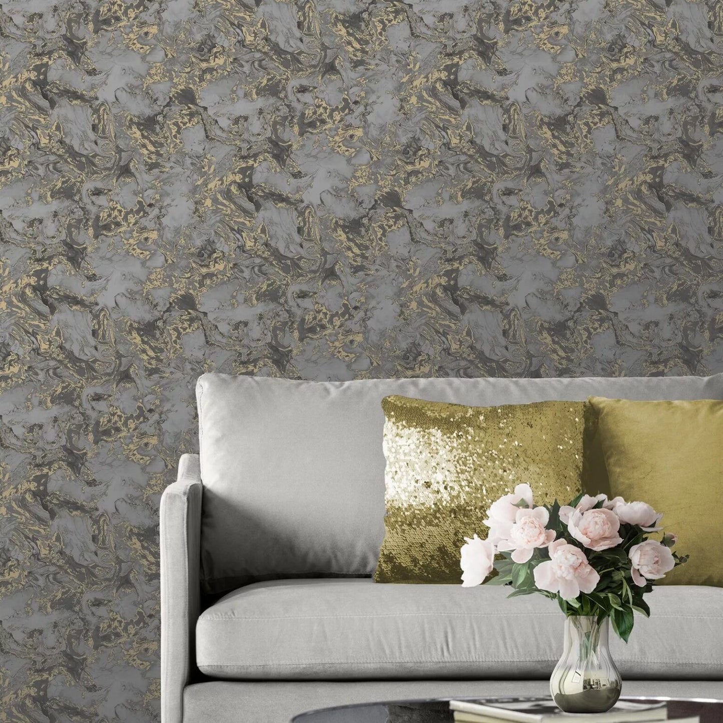 Charcoal and Gold Liquid Marble Wallpaper in modern living room with grey sofa