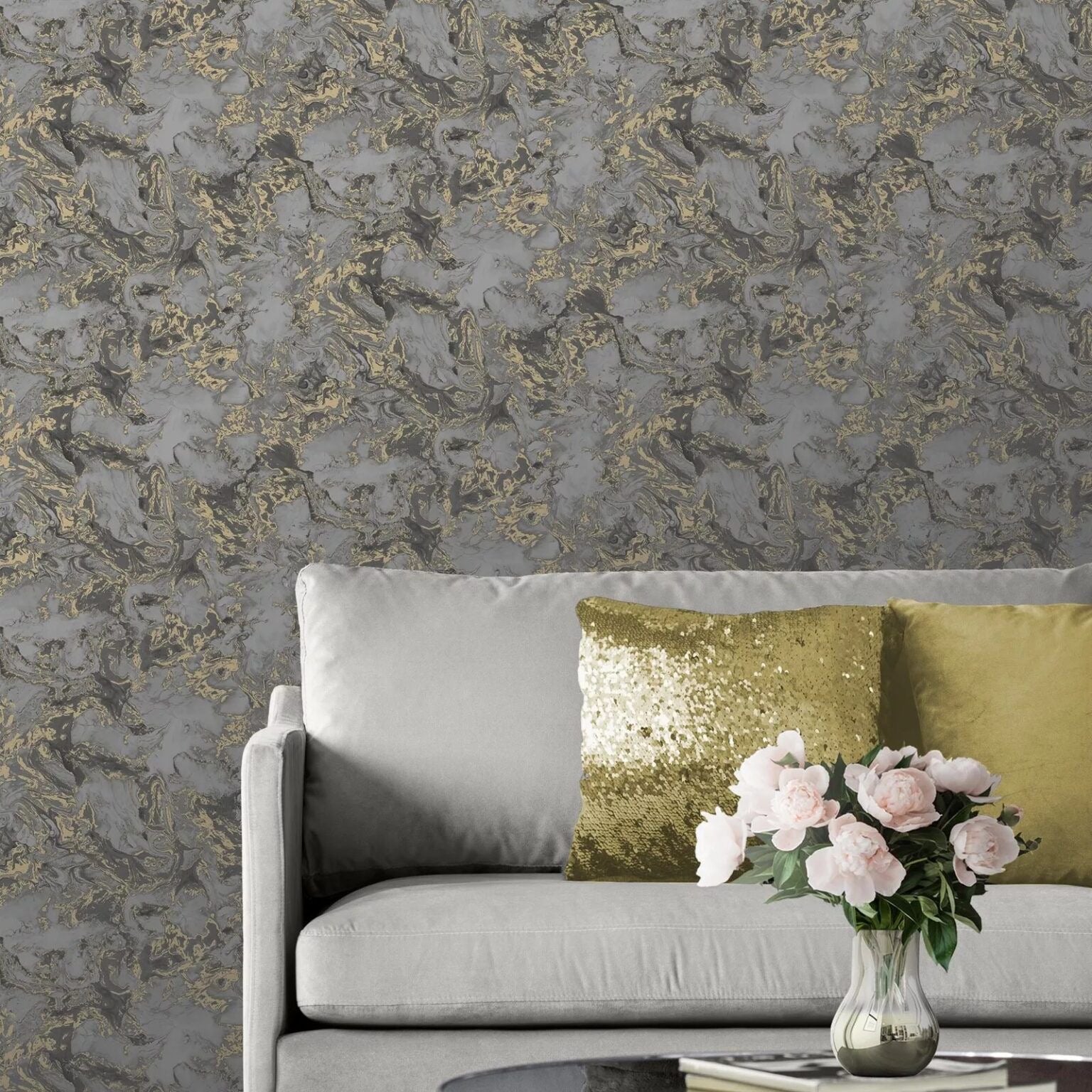 Charcoal and Gold Liquid Marble Wallpaper in modern living room with grey sofa