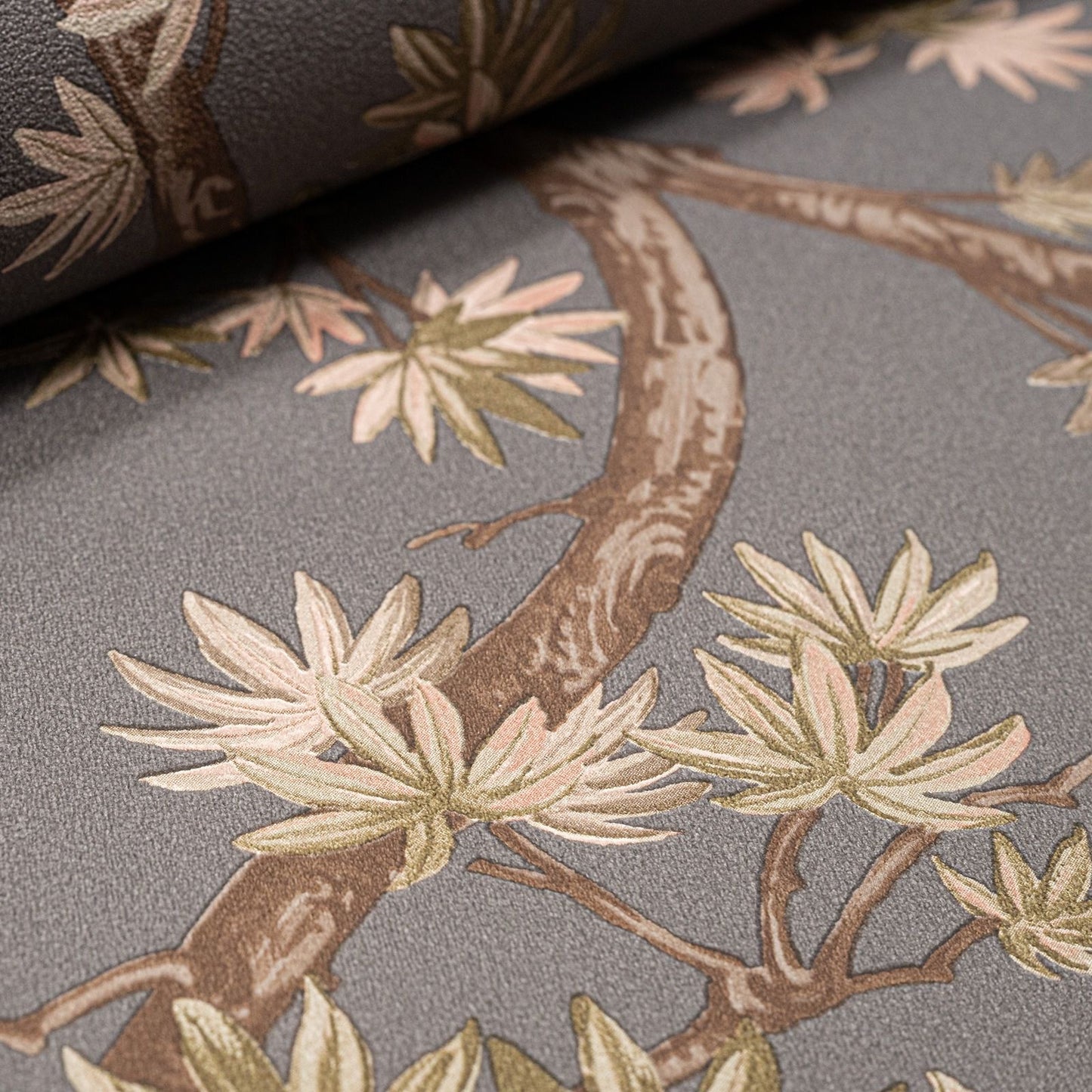 Charcoal Floral Acer Tree Wallpaper roll close up showing magnolia flower and leaf detail