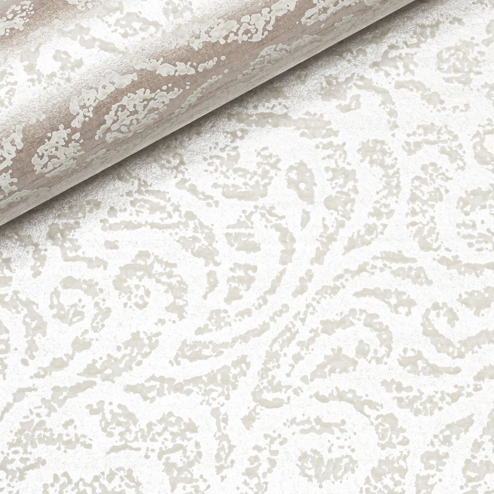 Taupe Metallic Damask Floral Textured Wallpaper close up detail showing distressed pattern