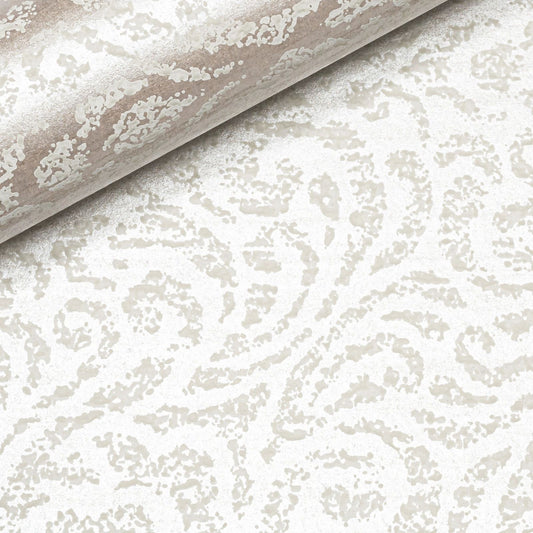 Taupe Metallic Damask Floral Textured Wallpaper close up detail showing distressed pattern