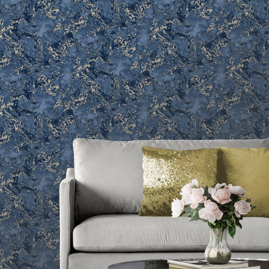 Blue and Gold Ripple Metallic Liquid Marble Wallpaper in modern living room with grey sofa