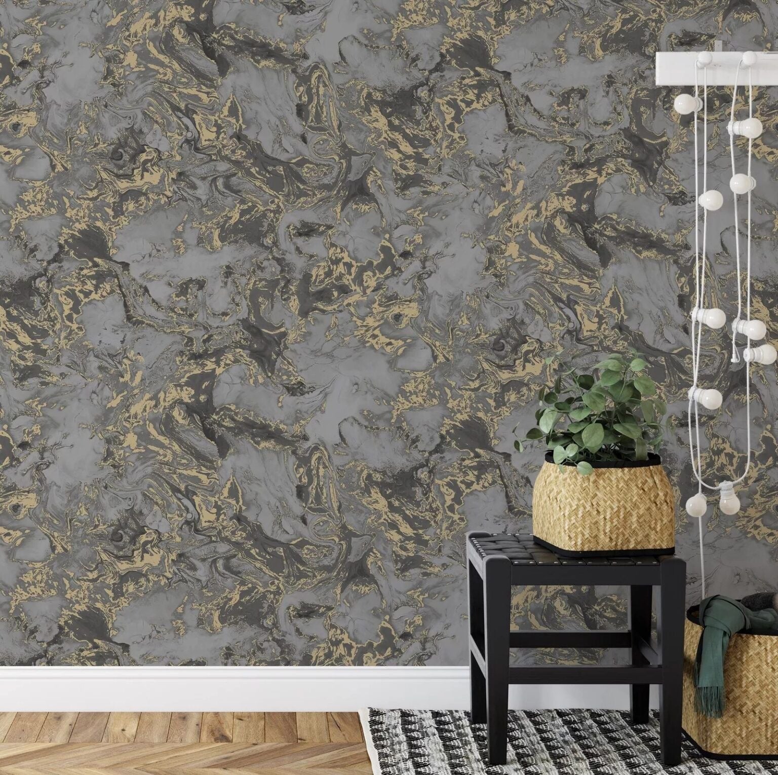 Charcoal and Gold Liquid Marble Wallpaper in hallway with wooden floor and plant