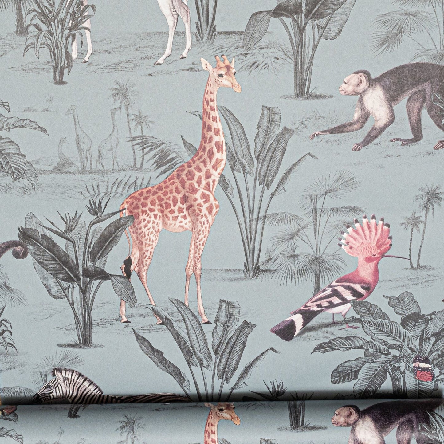 Blue Grey Tones Animal Safari Wallpaper Slightly Textured Feature Wall