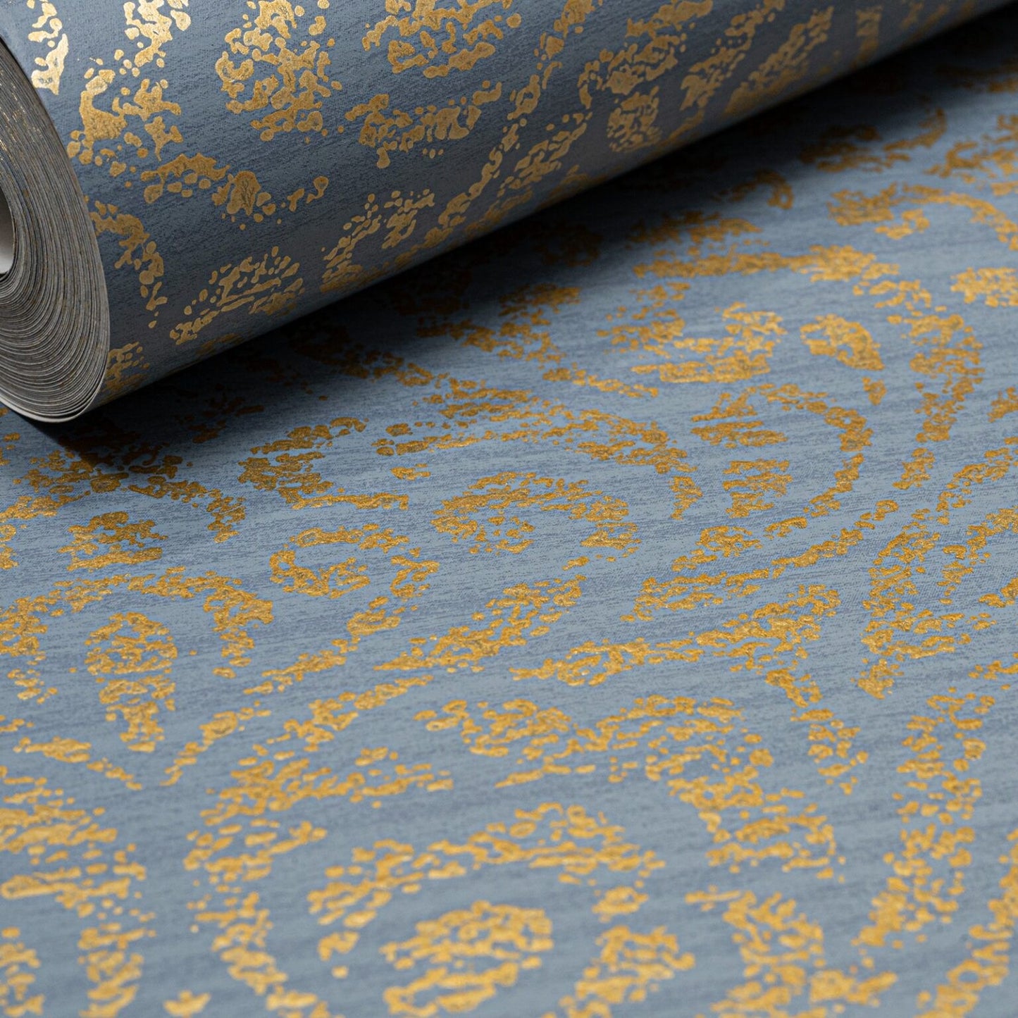 Blue Floral Damask Gold Metallic Shimmer Wallpaper roll close up showing distressed gold pattern