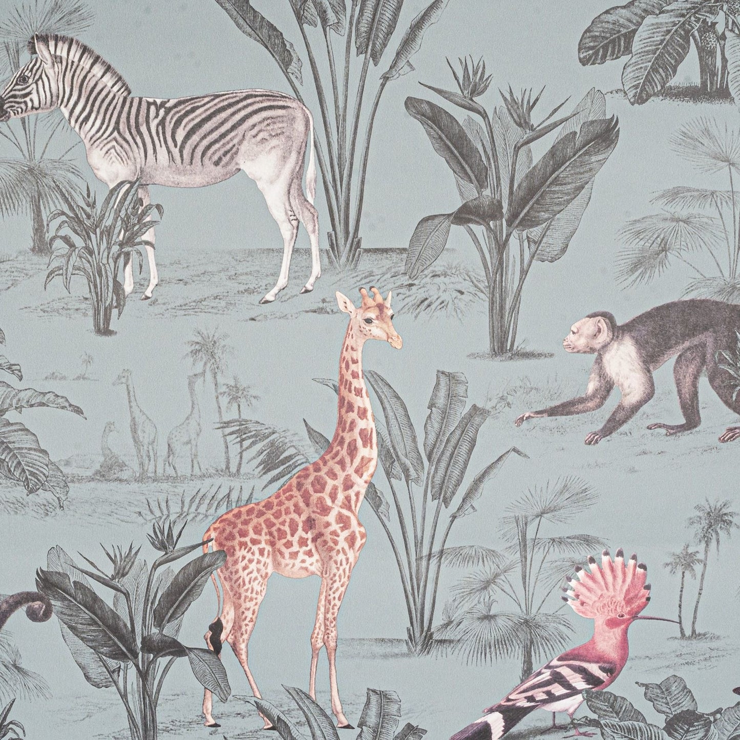 Blue Grey Tones Animal Safari Wallpaper Slightly Textured Feature Wall