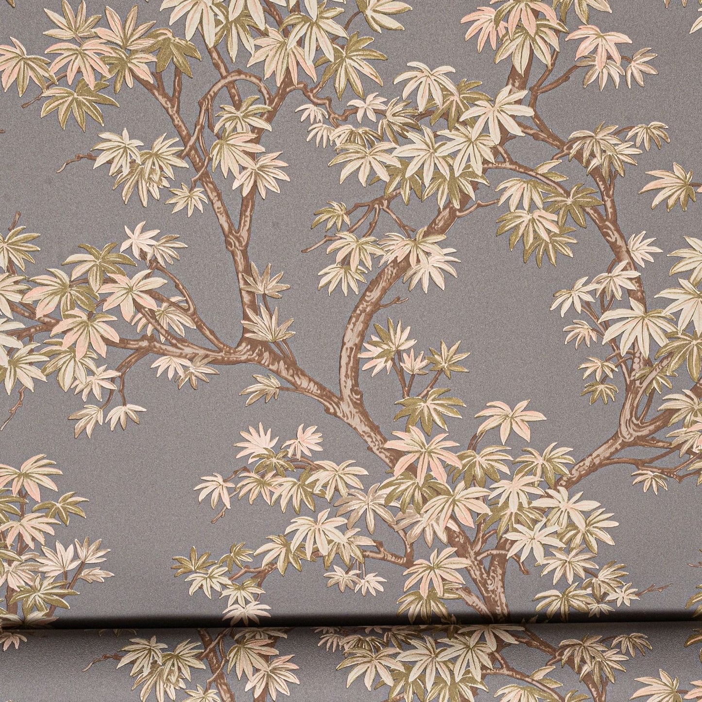 Charcoal Floral Acer Tree Wallpaper close up showing scrolling branches and acer leaves