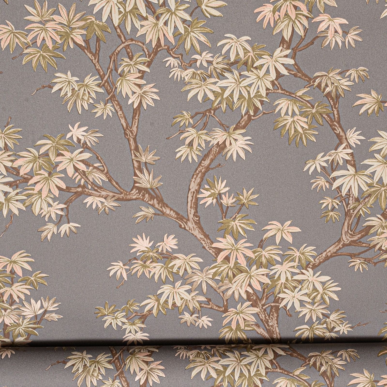 Charcoal Floral Acer Tree Wallpaper close up showing scrolling branches and acer leaves