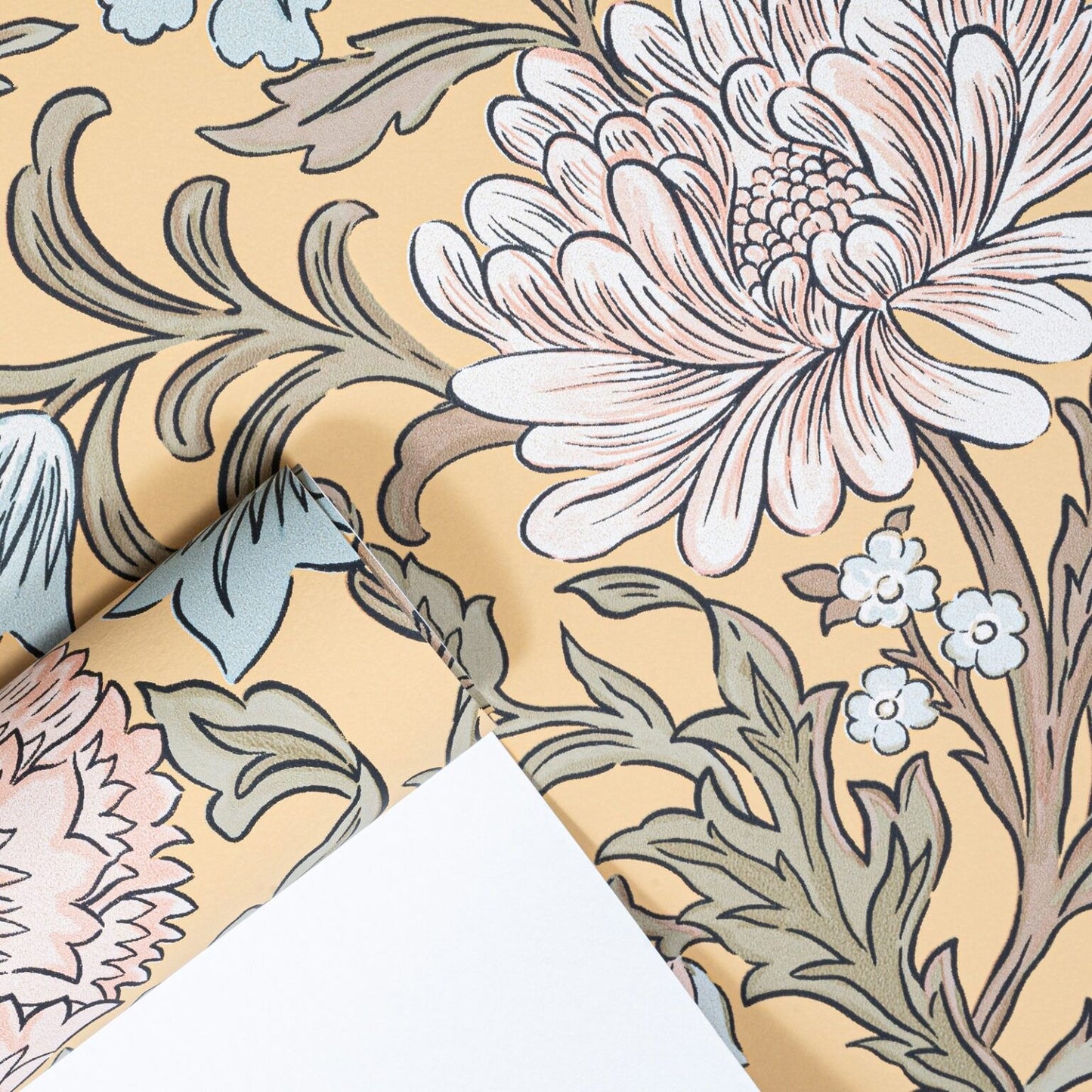 Mustard Floral Wallpaper close up showing large pink chrysanthemum and blue floral detail
