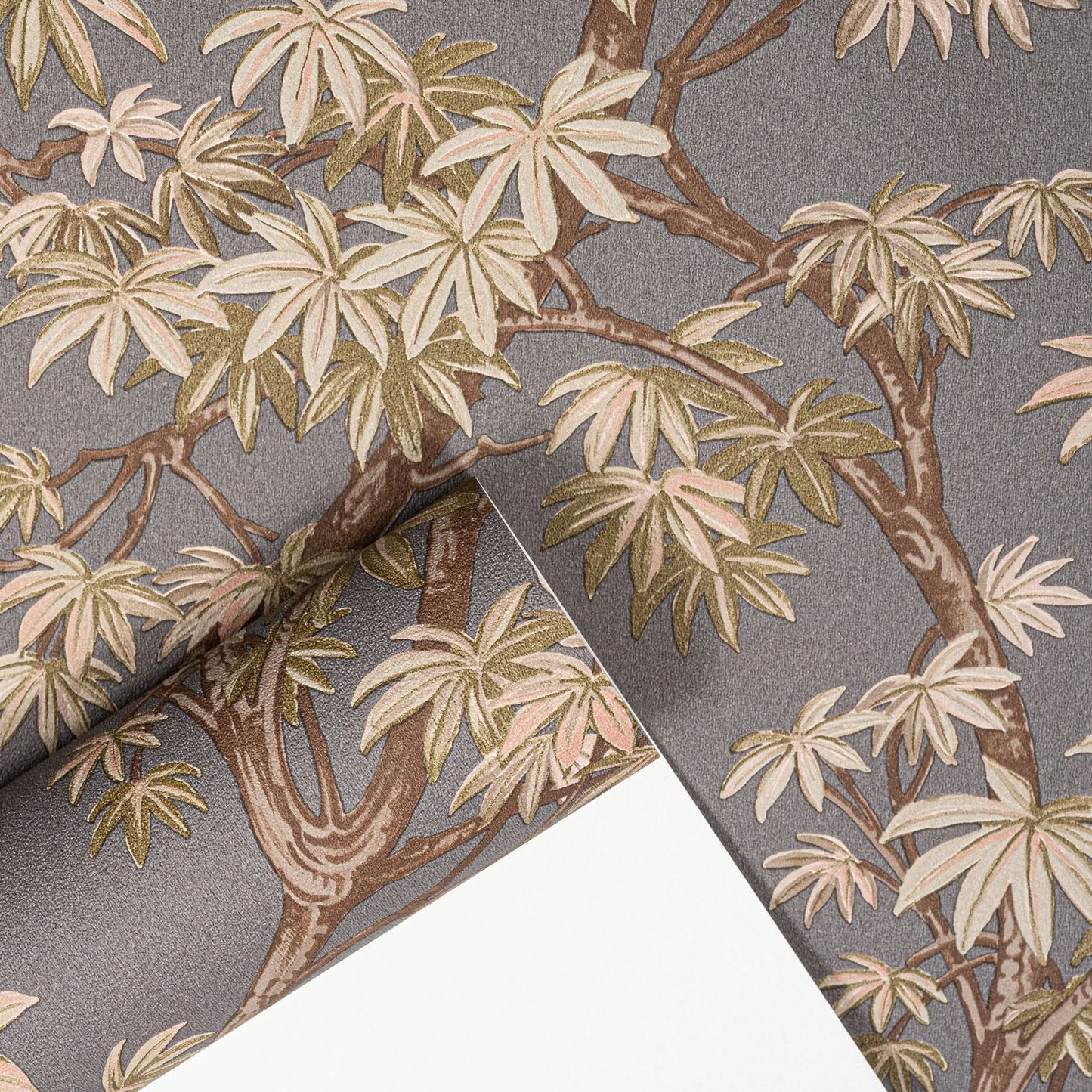 Charcoal Floral Acer Tree Wallpaper roll with sample card showing charcoal colour and pattern scale