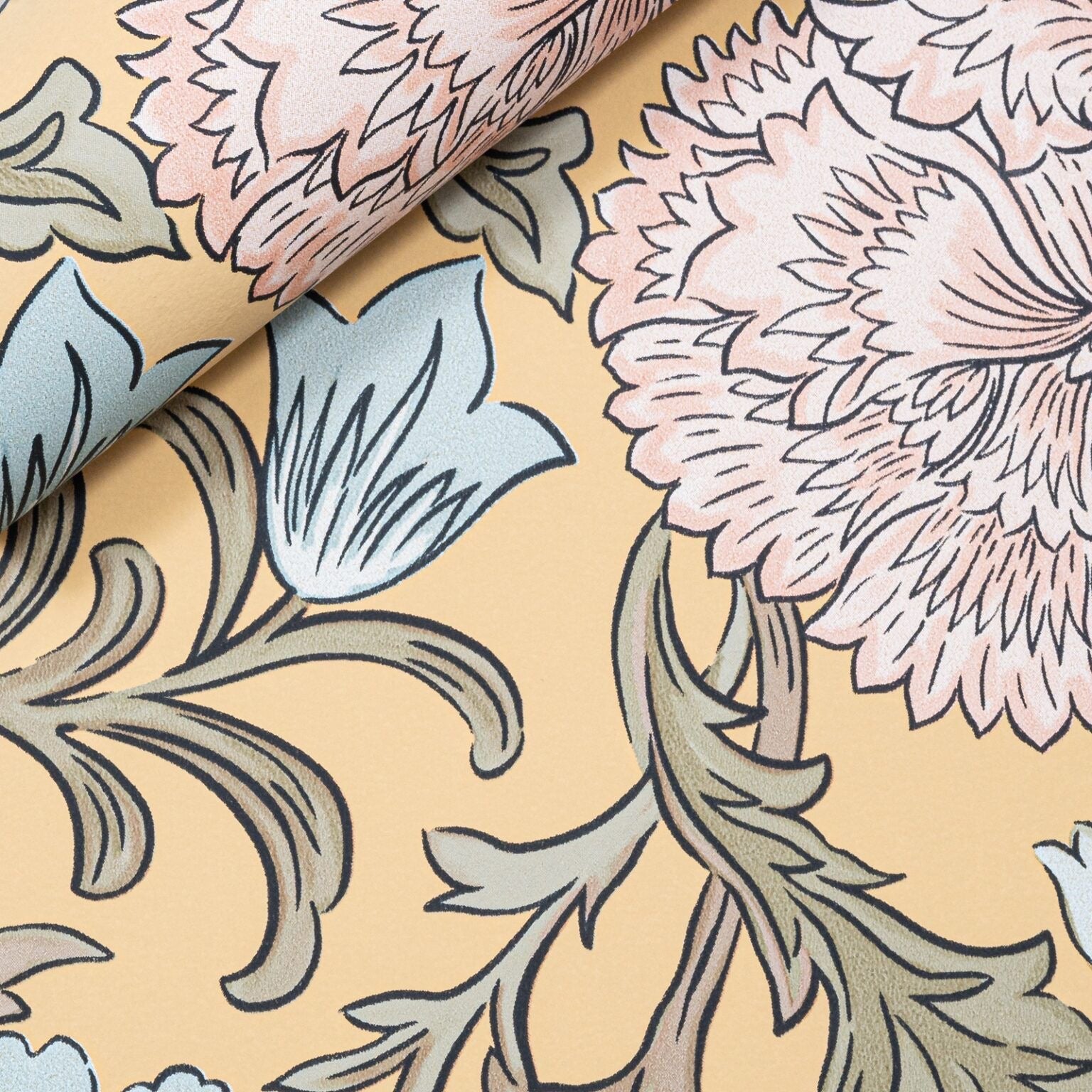 Mustard Floral Wallpaper close up showing large chrysanthemum bloom and scrolling foliage