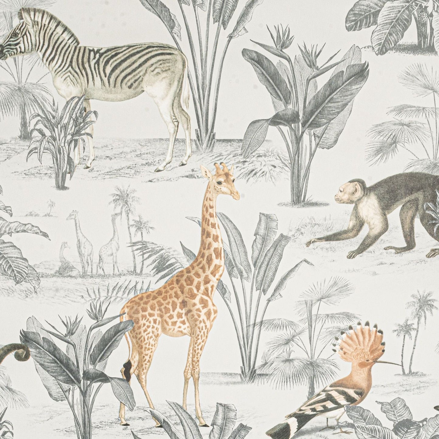 Soft White Animal Safari Wallpaper Slightly Textured Multi Feature Wall