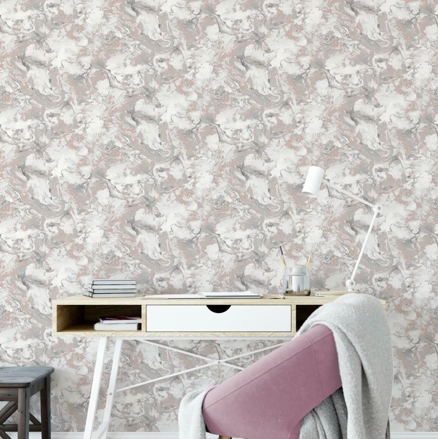 Rose Ripple Metallic Liquid Marble Wallpaper in modern home office with pink chair