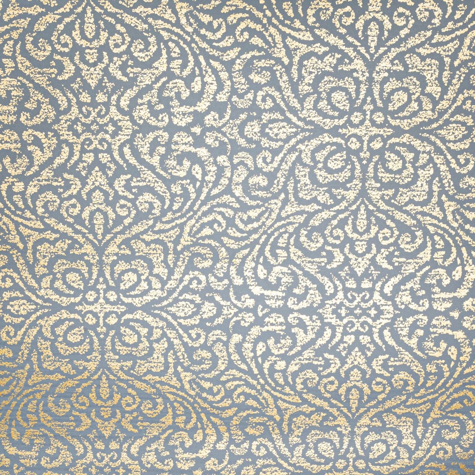 Blue Floral Damask Gold Metallic Shimmer Wallpaper flat lay showing full medallion pattern