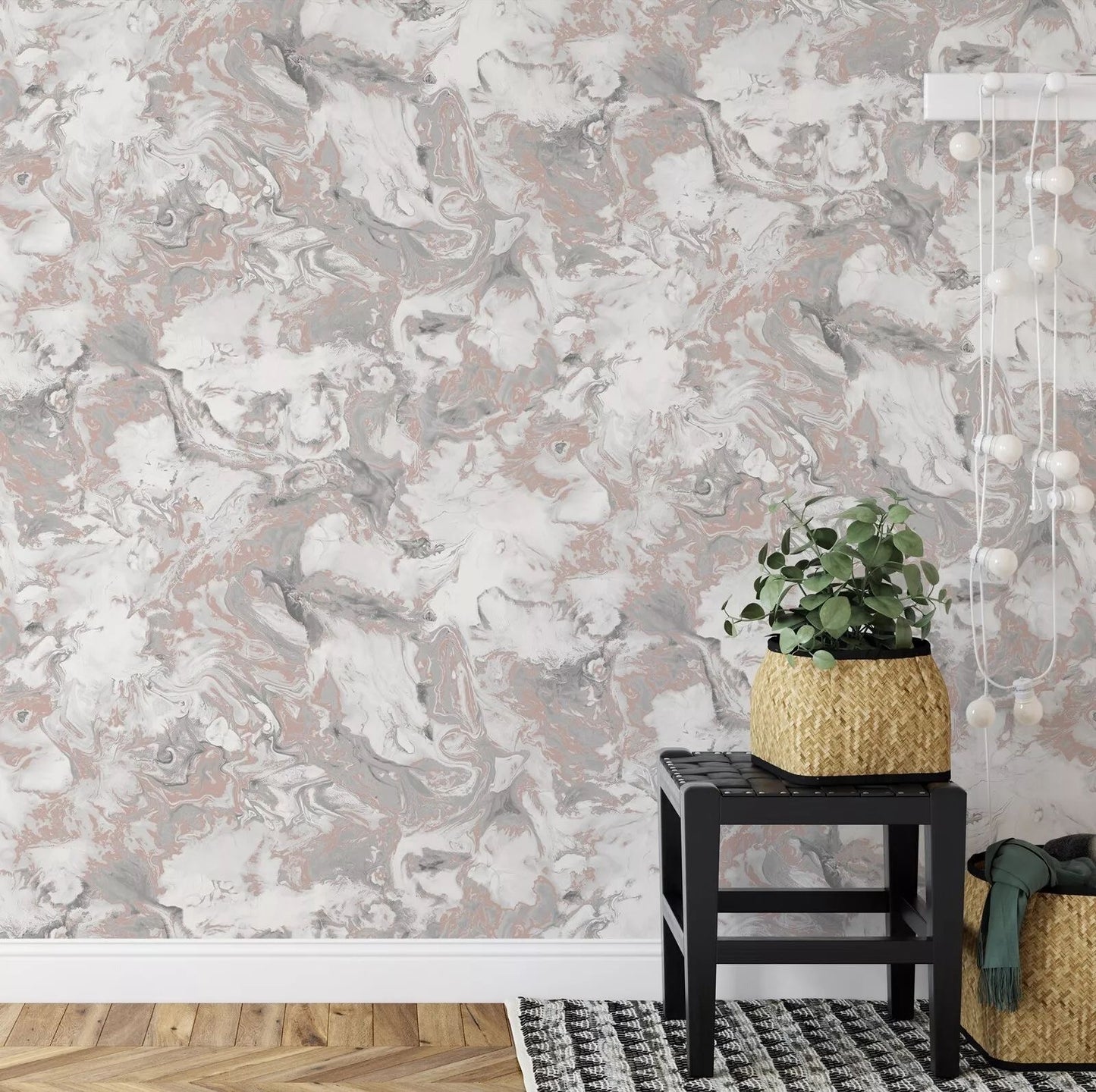 Rose Ripple Metallic Liquid Marble Wallpaper in hallway with wooden floor and plant