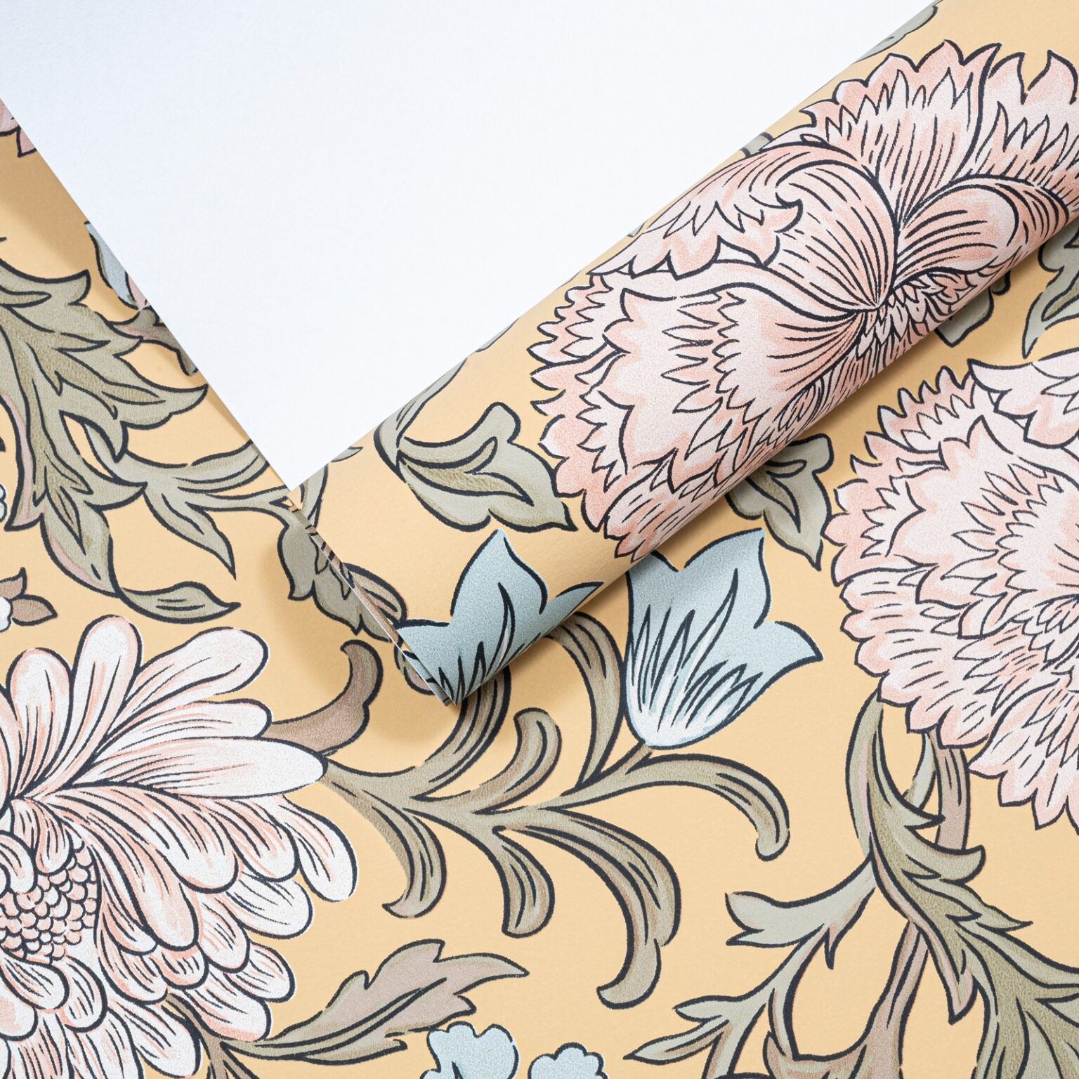 Mustard Floral Wallpaper roll with sample card showing colour and pattern scale