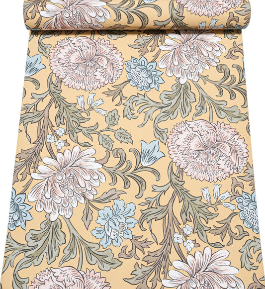 Mustard Floral Wallpaper unrolled showing full chrysanthemum and scrolling leaf pattern