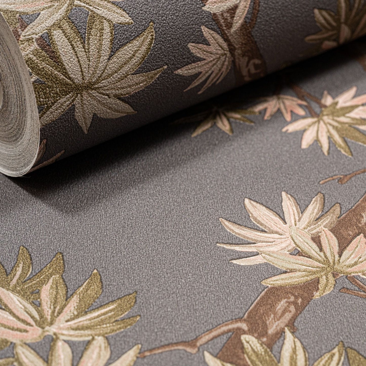 Charcoal Floral Acer Tree Wallpaper roll close up showing magnolia bloom and branch detail