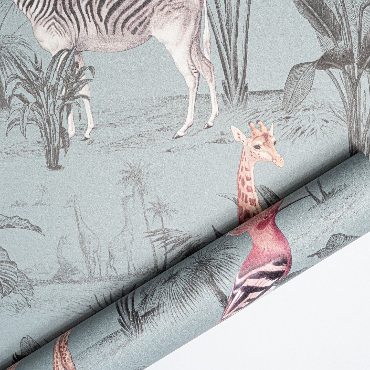 Blue Grey Tones Animal Safari Wallpaper Slightly Textured Feature Wall