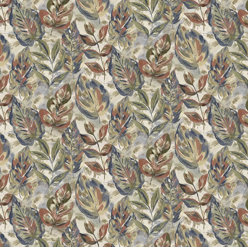 Aralia Leaf Wallpaper flat lay showing full multicolour tropical leaf pattern repeat