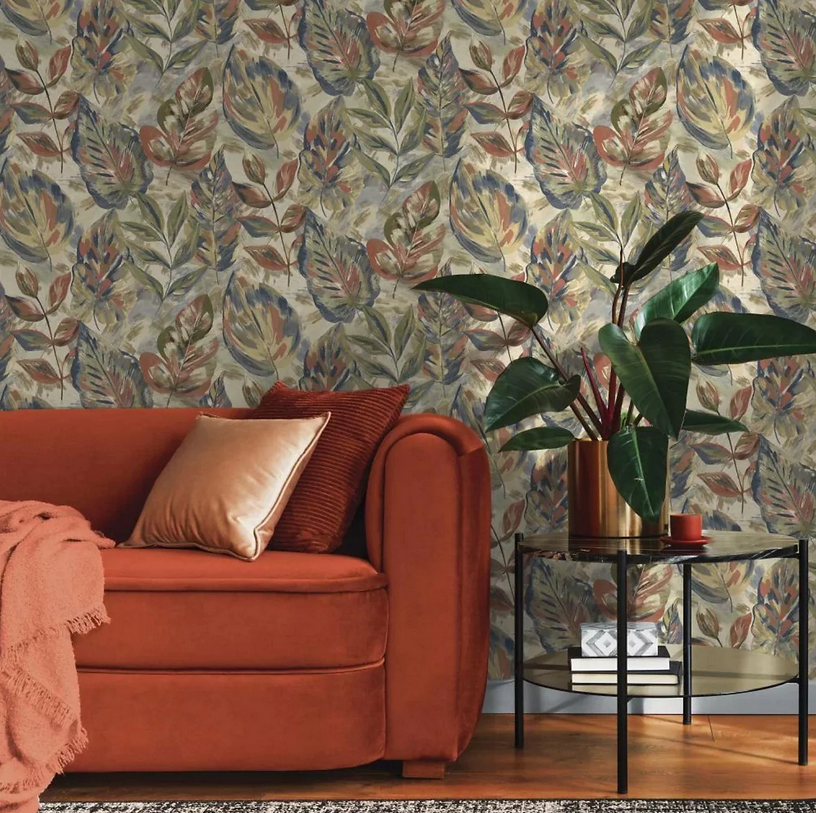Aralia Leaf Wallpaper in modern living room with terracotta sofa and indoor plant