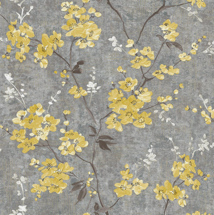 Anethe Blossom Wallpaper flat lay showing full yellow blossom and branch pattern repeat