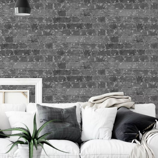 Rustic Black House Brick Effect Feature Wallpaper