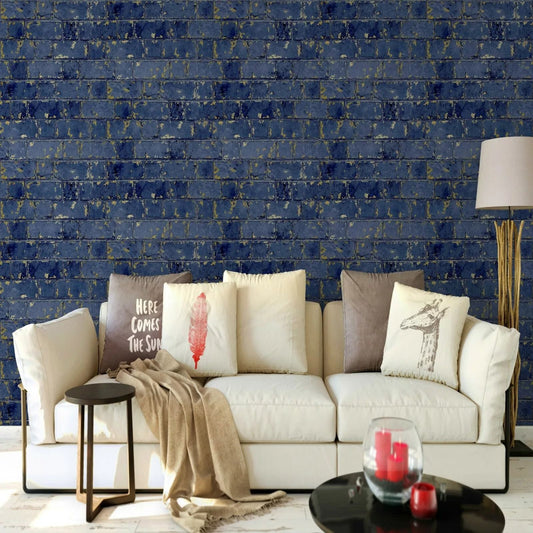 Rustic Blue House Brick Effect Feature Wallpaper