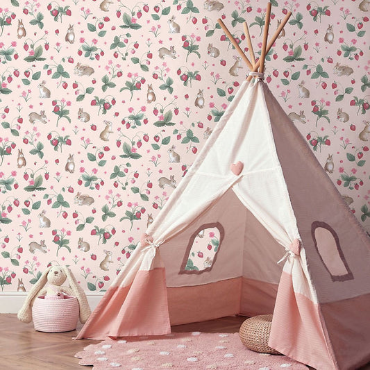 Bunnies & Berries Pink Wallpaper