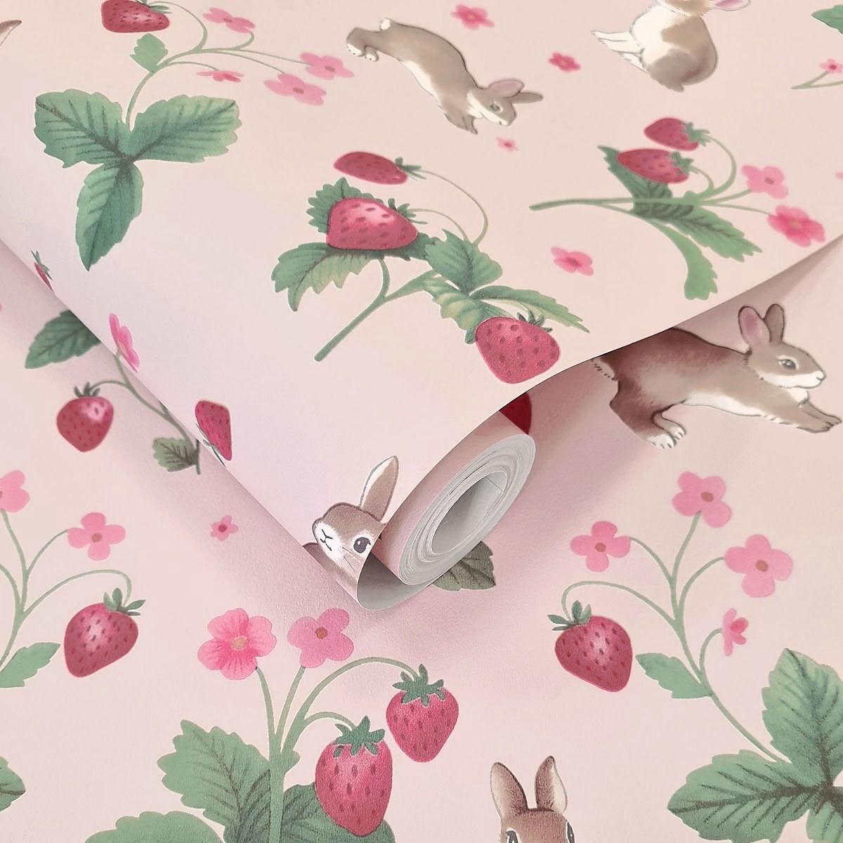 Bunnies & Berries Pink Wallpaper