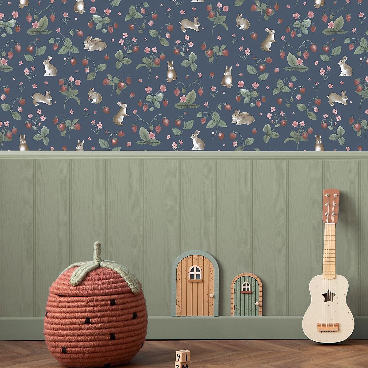 Bunnies & Berries Wallpaper Navy