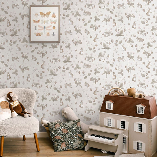 Bunnies & Berries Wallpaper - Neutral