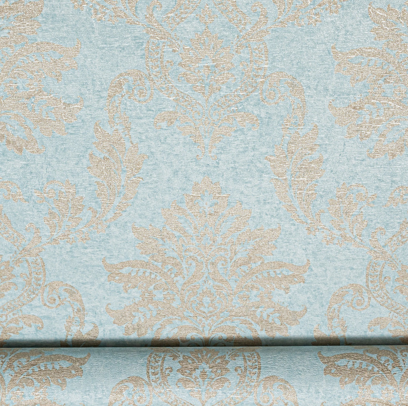 Capri Damask Teal Wallpaper close up showing gold damask motif on teal background